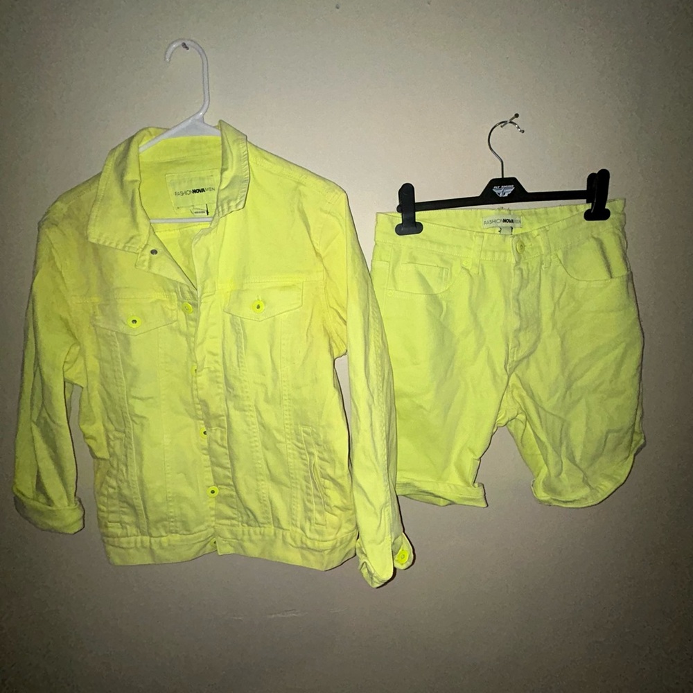 2 Piece Jean Material, Neon Yellow Set.